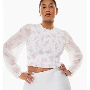Aritizia Wilfred Tempest‎ Smocked Crop Top White Pink Floral Print Small